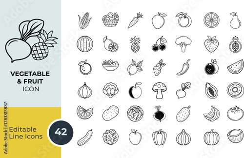 Vegetables and fruit line editable icon set. Containing vegetarian symbols icons collection.