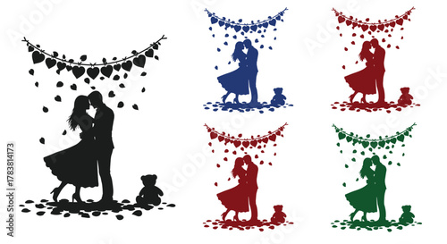 Couple Silhouette Dancing Under Heart Garland with Teddy Bear, Generative AI.