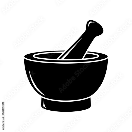 Black mortar and pestle for grinding herbs and spices.