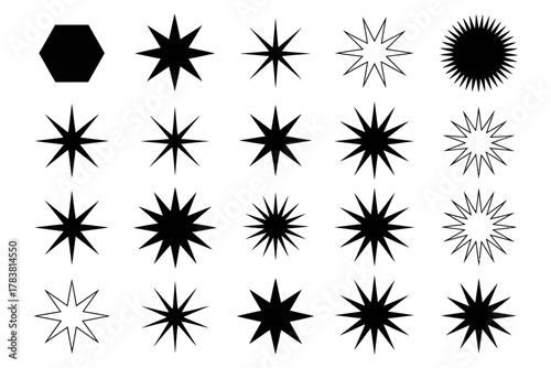 Starburst price sticker vector with round burst star icon, black circle shapes, set of sale tag badges, sunburst callout labels, isolated on white background, perfect for retail and marketing design.