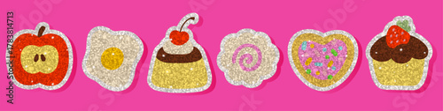 Glitter sticker collection with apple, egg, pudding, swirl candy, heart cookie, and cupcake shapes. Sparkly sequin texture with glossy highlights. Nostalgic y2k inspired sweet retro aesthetic.