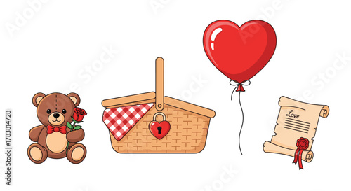 Cute teddy bear picnic basket red heart balloon and love letter for Valentines Day, Generative AI.