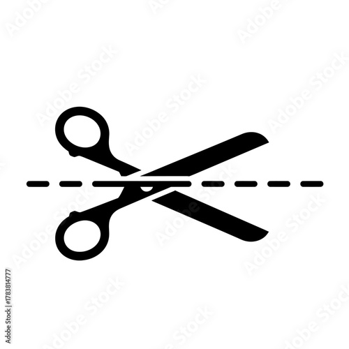Scissors cutting a dotted line, representing a cut.