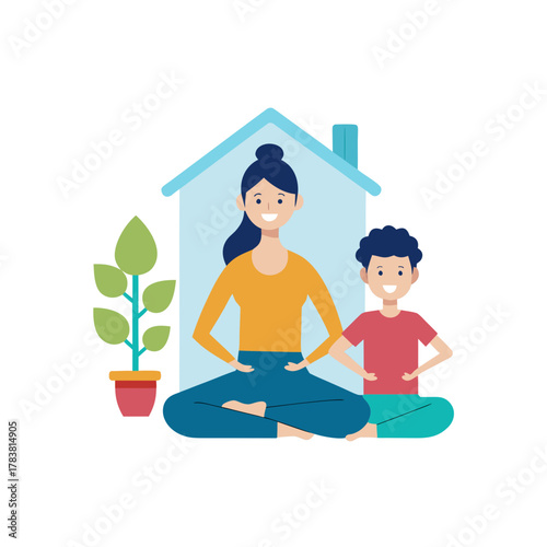 Mother and son practicing yoga together inside their home for wellbeing