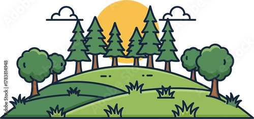 A serene landscape illustration featuring a grassy hill adorned with lush trees under a warm sun