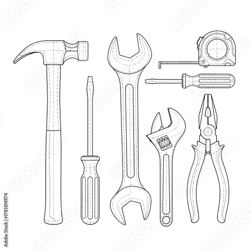 Tools for construction and repair, line art illustration.