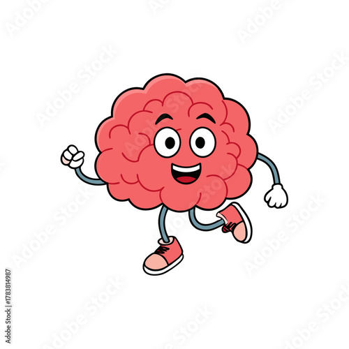Happy cartoon brain character running with enthusiasm and a big smile