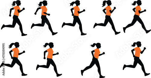 Silhouette sequence of woman running in athletic motion poses, fitness exercise concept, sports training animation vector illustration, healthy lifestyle design, isolated figure
