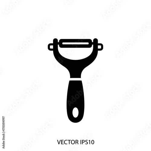 Vegetable peeler kitchen tool black and white vector illustration.