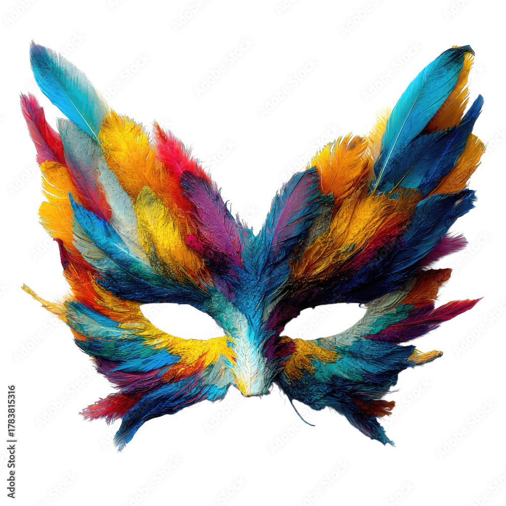 Obraz premium Colorful Feather Mask: A vibrant and exquisitely crafted mask, adorned with an array of feathers in a spectrum of vivid colors, evoking a sense of mystery and artistry.