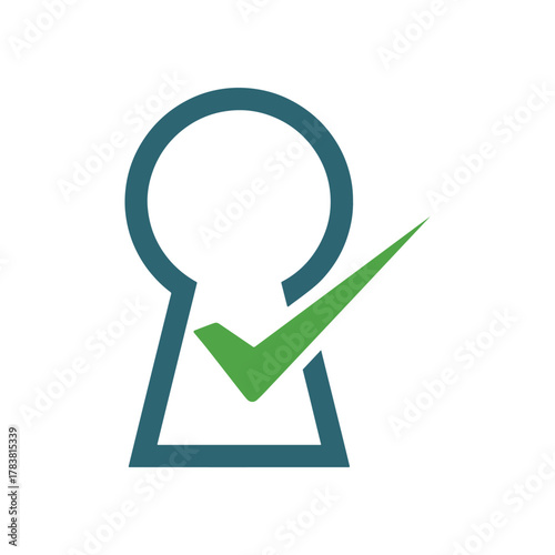 Teal keyhole outline with green checkmark inside symbol