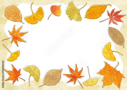 色とりどりに紅葉した落ち葉の長方形フレーム　やさしい手描き水彩タッチのベクターイラスト