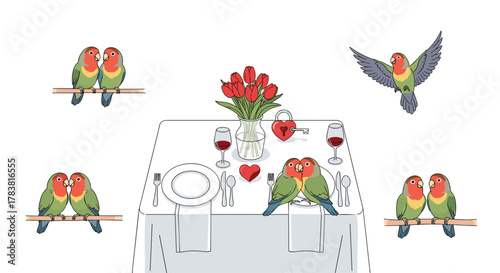 Lovebirds Celebrate Valentines Day With Romantic Dinner Setup, Generative AI.