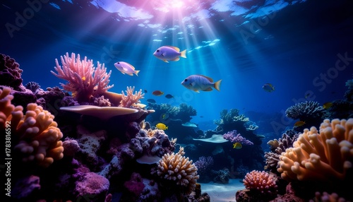 Fototapeta Naklejka Na Ścianę i Meble -  Underwater coral reef with sunlight and colorful fish, coral reef with fish