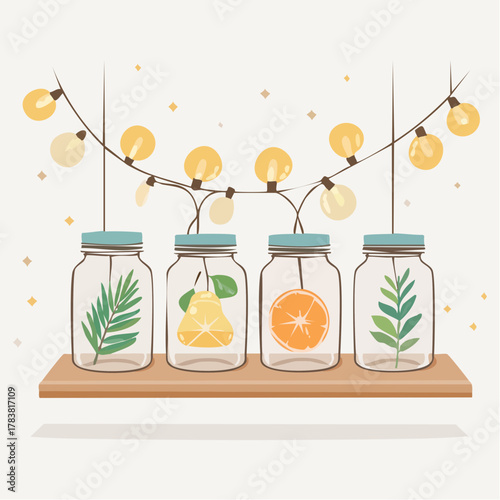 Four Glass Jars With Plants And Citrus Fruit Slices On A Wooden Shelf Illuminated By Warm Fairy Lights In A Cozy Setting
