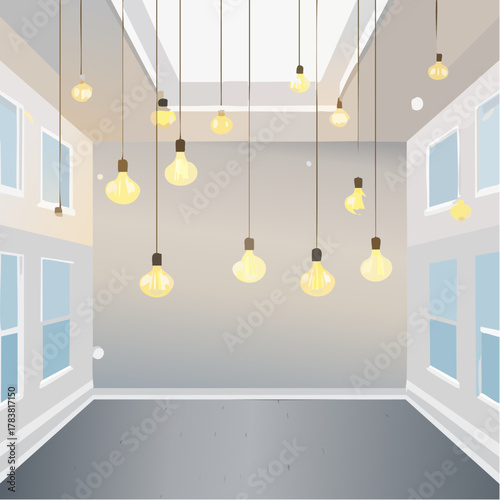 Interior of a brightly lit room with many hanging Edison light bulbs and large windows on the walls with a gray floor and white ceiling