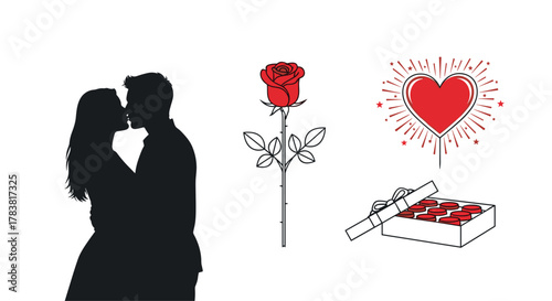 Romantic Couple Kissing With Rose and Heart Symbols, Generative AI.