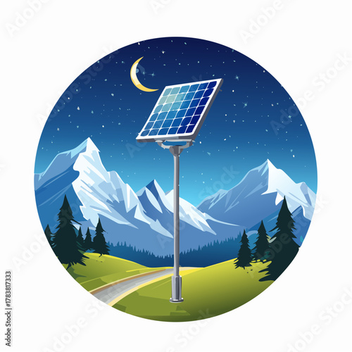 Solar Panel Tower Under A Crescent Moon And Starry Night Sky With Snow Capped Mountains And Green Valley Landscape