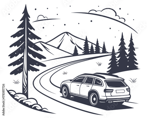 Car driving on a winding road through a mountainous forest landscape