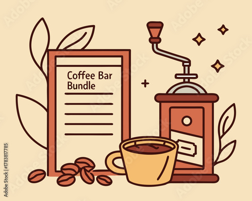 Coffee bar bundle illustration with grinder and coffee cup