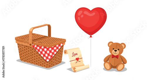 Romantic Picnic Basket with Teddy Bear and Heart Balloon, Generative AI.