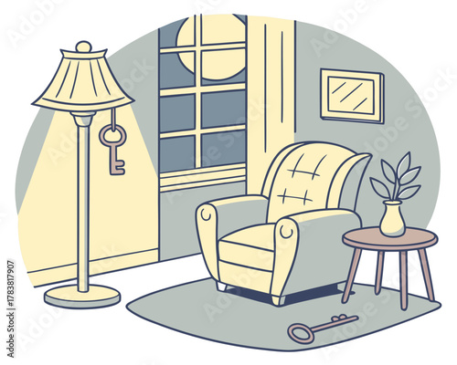 Cozy armchair and lamp with a key in a dimly lit room