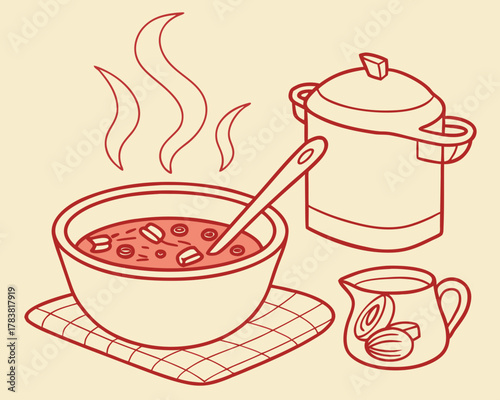 Cozy bowl of hot soup with ingredients and pot