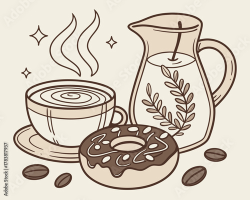 Cozy coffee break with a delicious donut and creamer