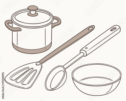 Isometric kitchen utensils and pot illustration