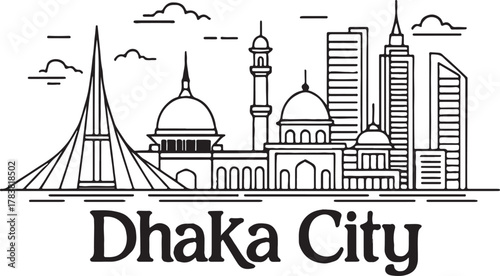Dhaka city line art skyline vector illustration of landmarks