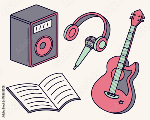 Retro music equipment and open book illustration