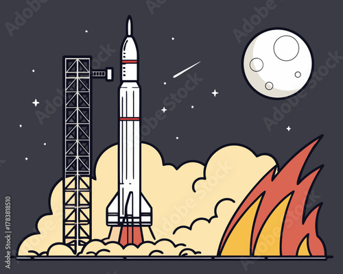 Rocket launching into space with moon and stars