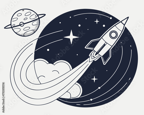 Rocket launching through space towards a ringed planet