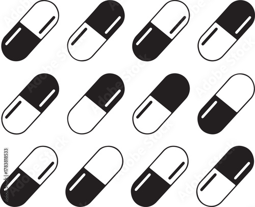 Pattern of Black and White Capsules on White Background