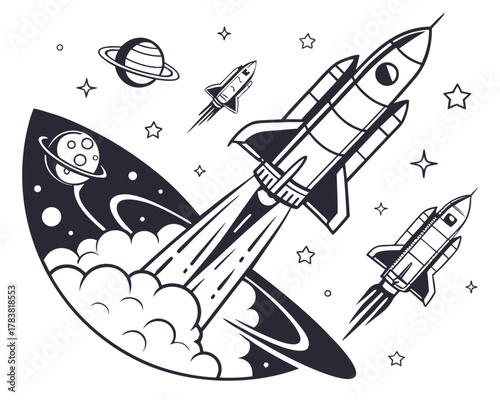 Rockets launching into space with planets and stars