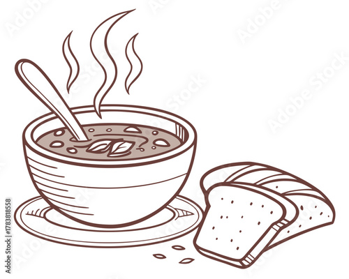 Steaming bowl of soup with slices of bread
