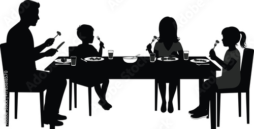 Family dinner time silhouette, parents and children sitting together at table, eating meal, home dining concept, family bonding, food and lifestyle vector