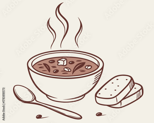 Steaming bowl of hearty soup with bread and spoon