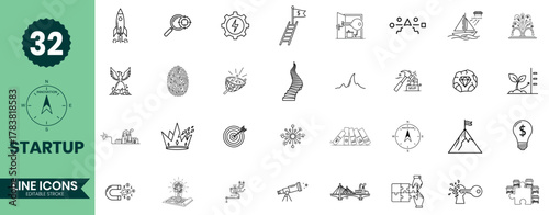 Startup Line Icons Set 32 Entrepreneurship, Innovation, Business Growth, and Strategy Outline Vector Illustrations