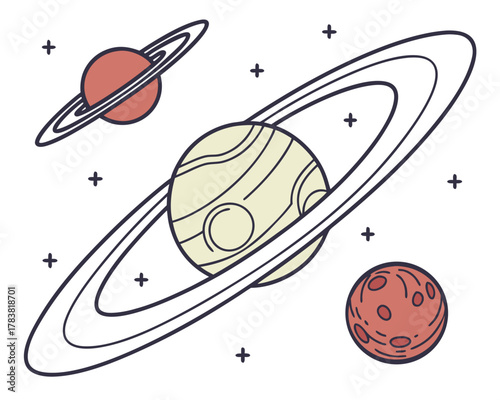 Whimsical cartoon planets and stars in space