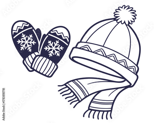 Winter hat scarf and mittens with snowflakes