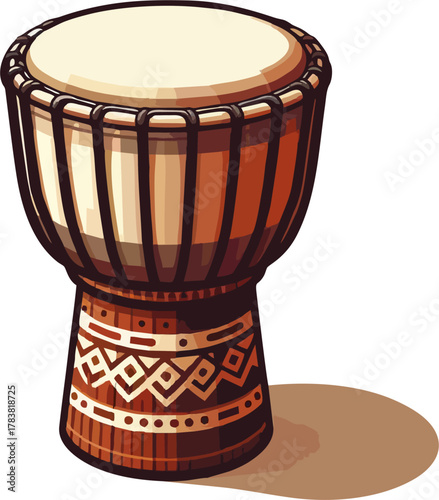 African Djembe Drum Vector Illustration with Carved Tribal Ornament and Rope Detailing
