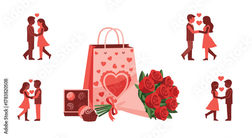 Valentines Day Gift Set with Couples and Romantic Elements, Generative AI.