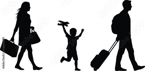 Family travel silhouette, parents walking with luggage, happy child running with toy airplane, vacation trip together, holiday tourism adventure vector illustration design