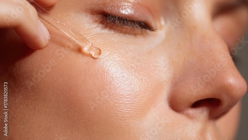 Close-up of a person applying clear serum to their cheek with a dropper. Concept Skincare routine close-up, Serum application, Clear serum, Facial care, Self-care beauty