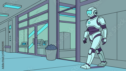 Neon Robot Delivering Medicine in Futuristic Hospital Vector 