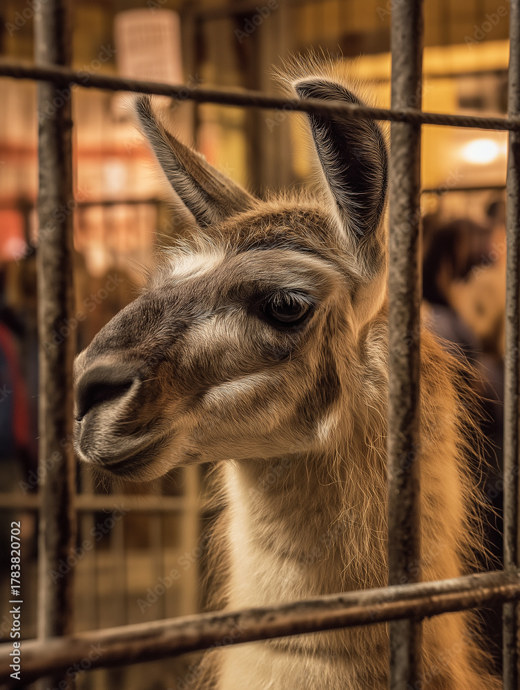 Obraz premium Llama peeks through metal bars at a market stall. Amber lighting and a busy backdrop set a warm, candid moment.