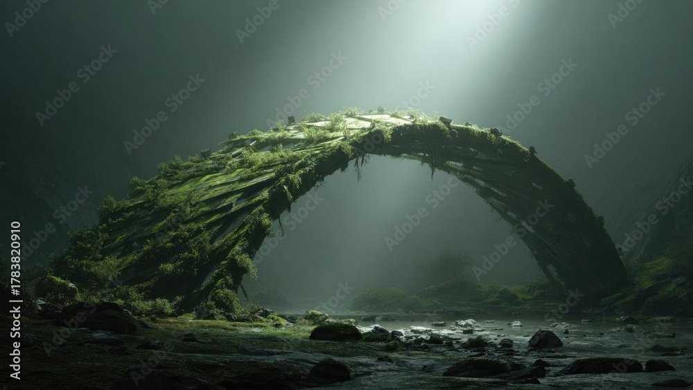 Fototapeta premium Moss-covered stone arch bridge in a dim, mist-filled underground cavern. Concept Moss-covered stone arch bridge, Dim mist-filled underground cavern, Subterranean exploration mood