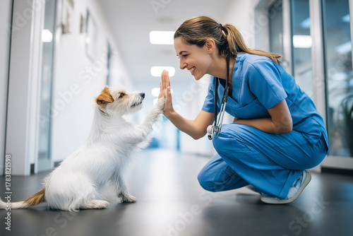 Wallpaper Mural veterinarian in blue scrubs high fives a small white dog in a veterinary clinic hallway. bright clinic lighting highlights a cheerful exchange. Torontodigital.ca
