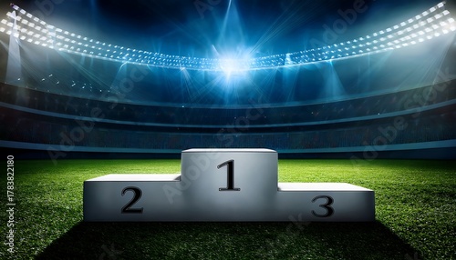 Inside the stadium's winner's stand, there is a soccer podium on grass.